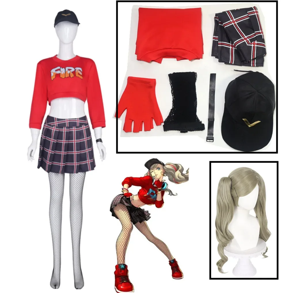 Anne Takamaki Cosplay Anime Persona 5 Costume Red Dance Uniform Set Anne Wig Halloween Party Play Outfit for Women