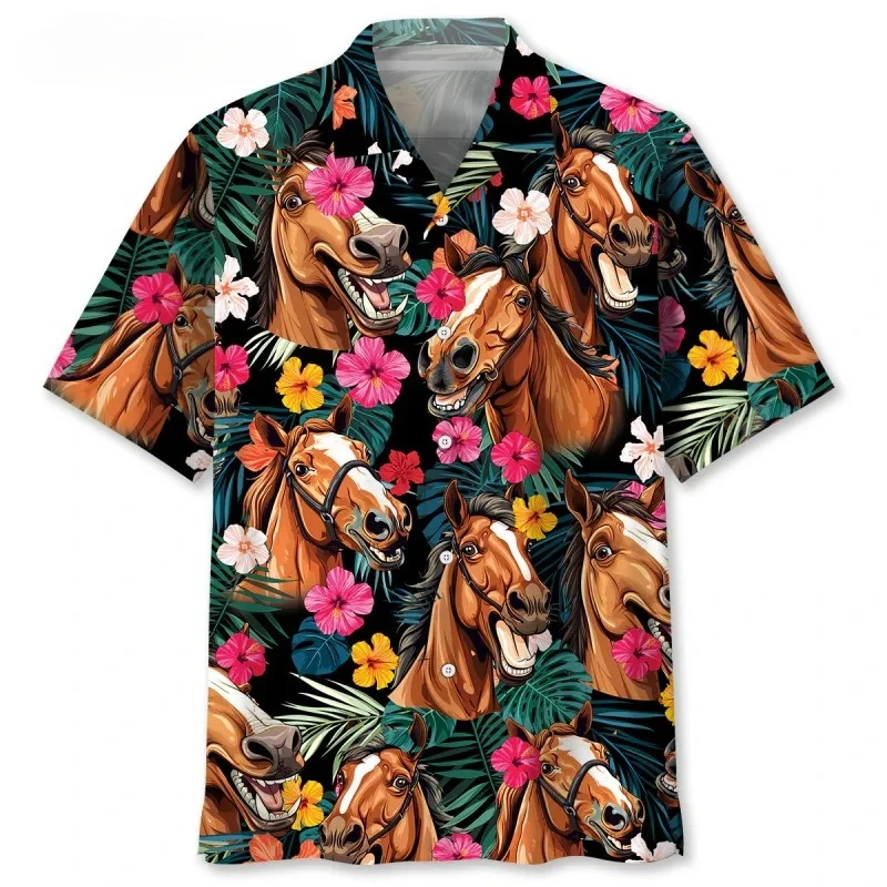 Full Print Funny Horse Tropical Hawaiian Shirt for Men Short Sleeve Button Beach Shirt Tops Men's Casual Aloha Shirt Clothes