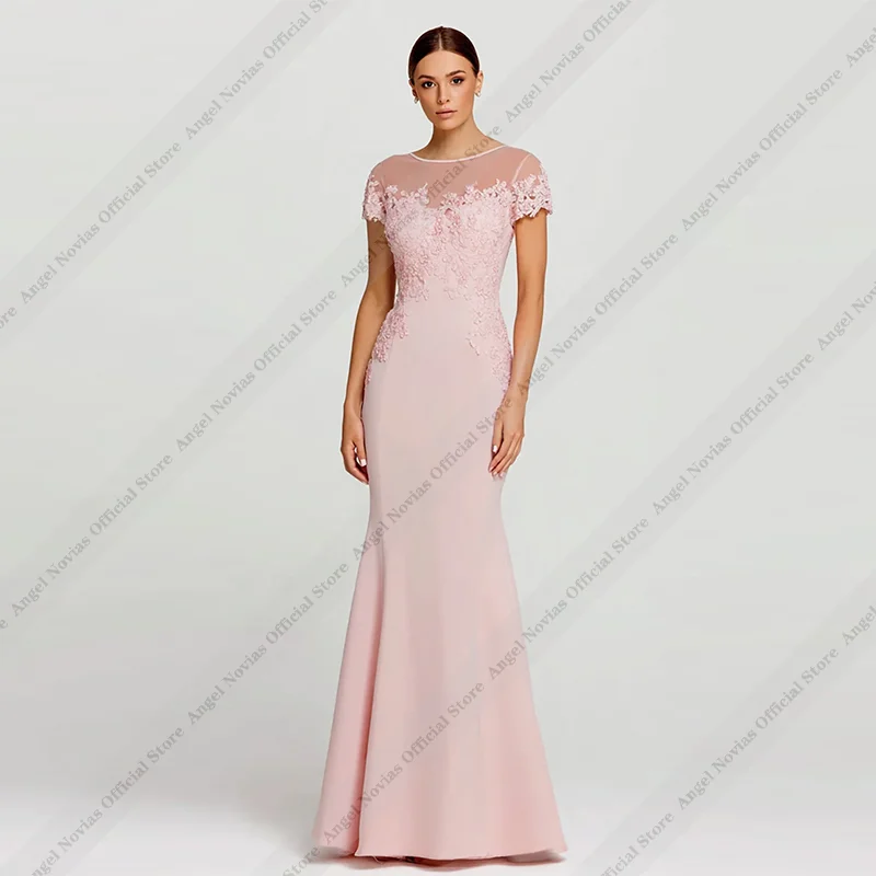 Vestidos largos de sirena de spandex rosa para madre de la novia, vestidos de fiesta de boda con mangas cortas, vestidos de madre de novia para bodas