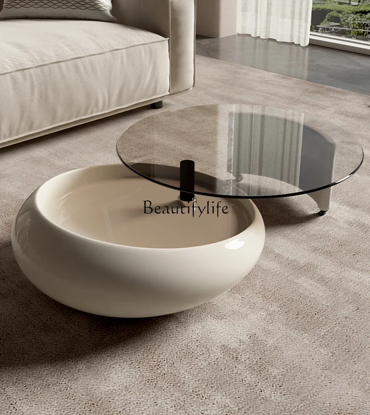 

Cream wind rotatable glass coffee table small apartment light luxury modern advanced tea table combination