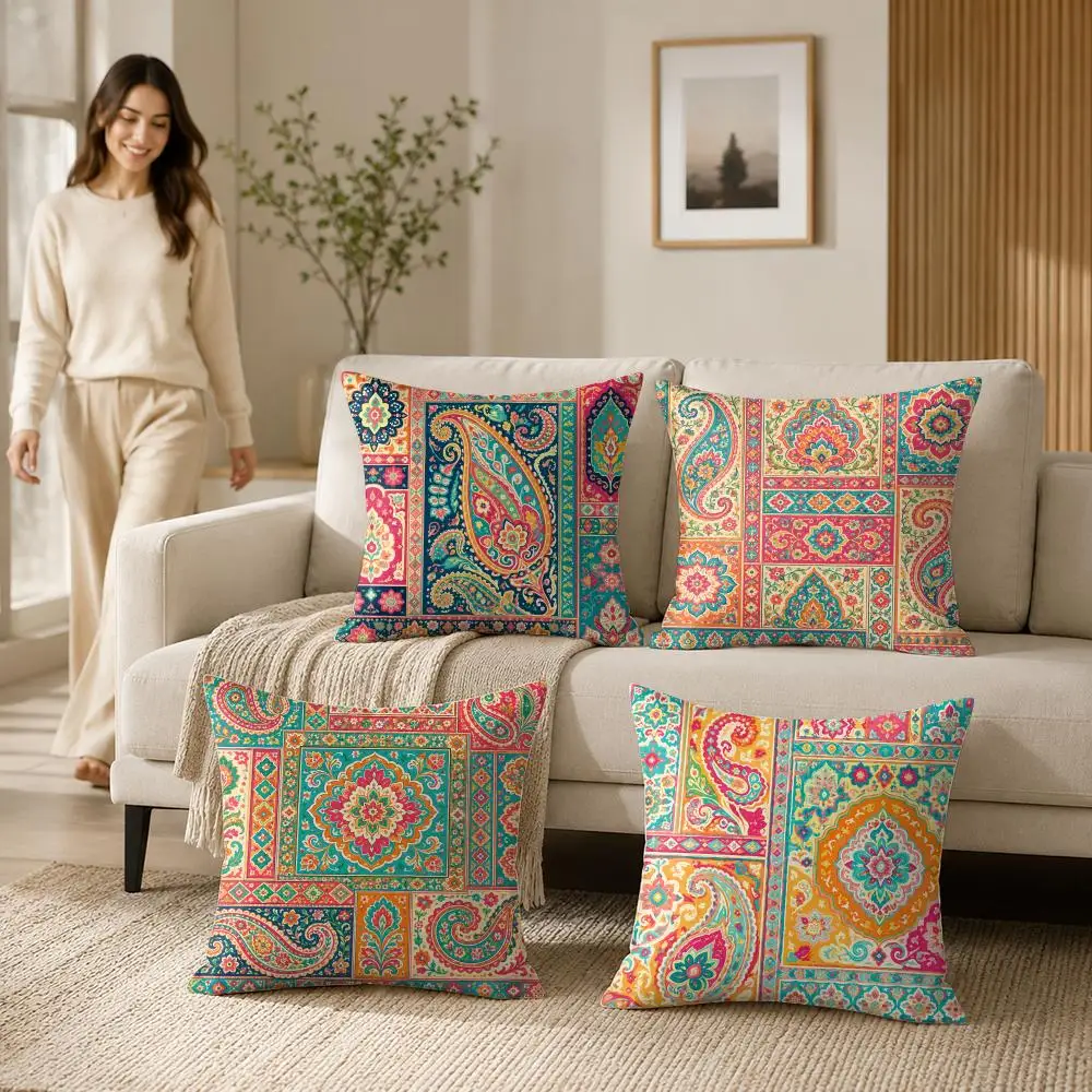 Bohemian Paisley Floral Cushion Cover Soft Short Plush Pillow Case Double Sided Print Washable Sofa Home Decor Gift