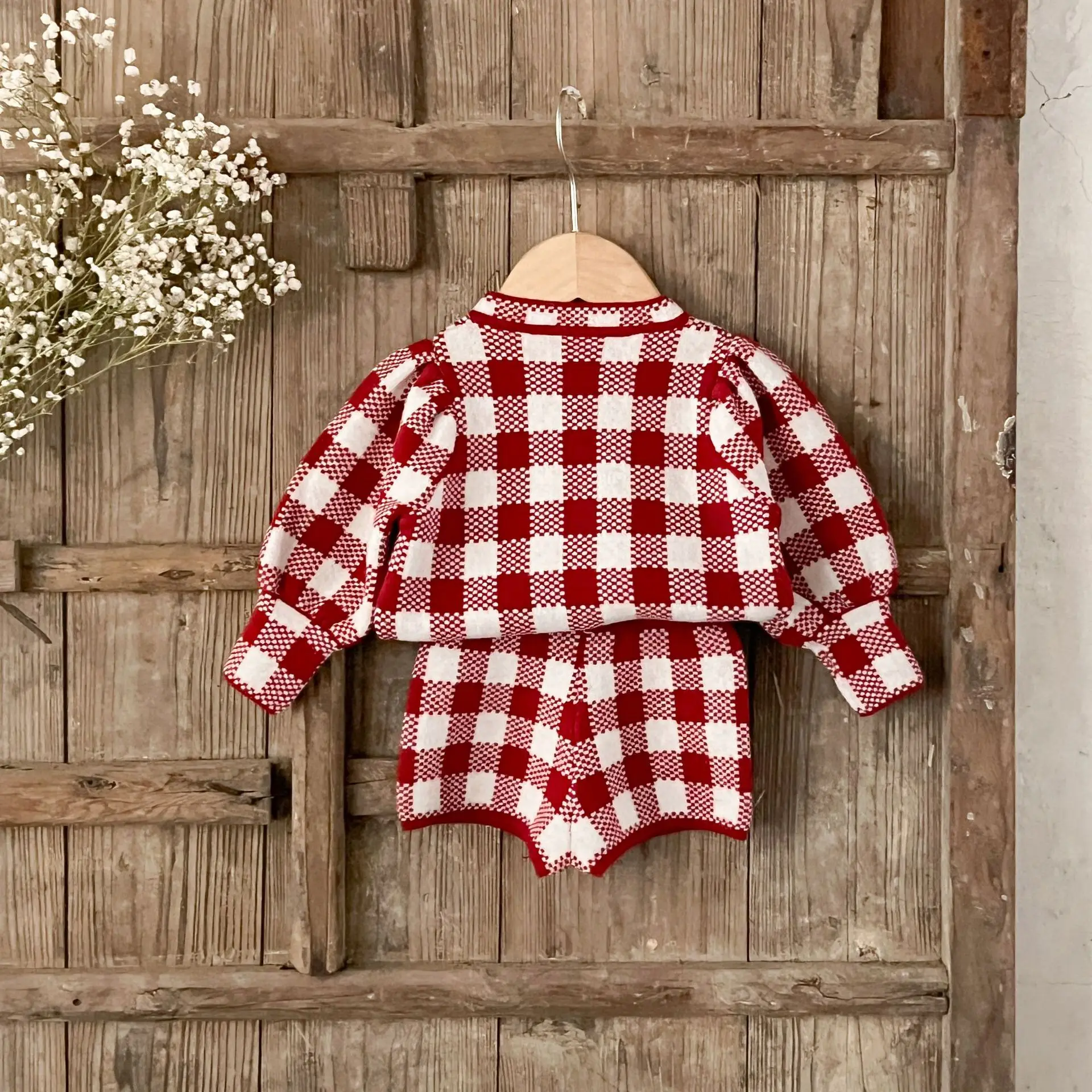 Baby Girl Gingham Set, 2-Piece Cotton Knit Sweater & Shorts, Korean Style Newborn Clothes