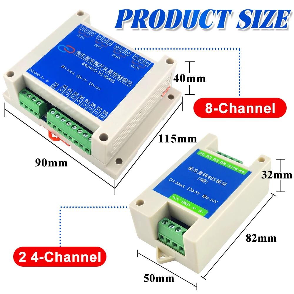 Module de Conversion analogique 4-20mA 0-5V 0-10V vers RS485 protocole Modbus RTU 2 4 8 canaux Modules de transformation numérique RS485