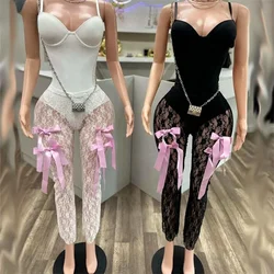 Women Sexy 2 Piece Set Corset Bodysuit Tops High Waist Slim Bow Lace Pants Fashion Party Clubwear Suits