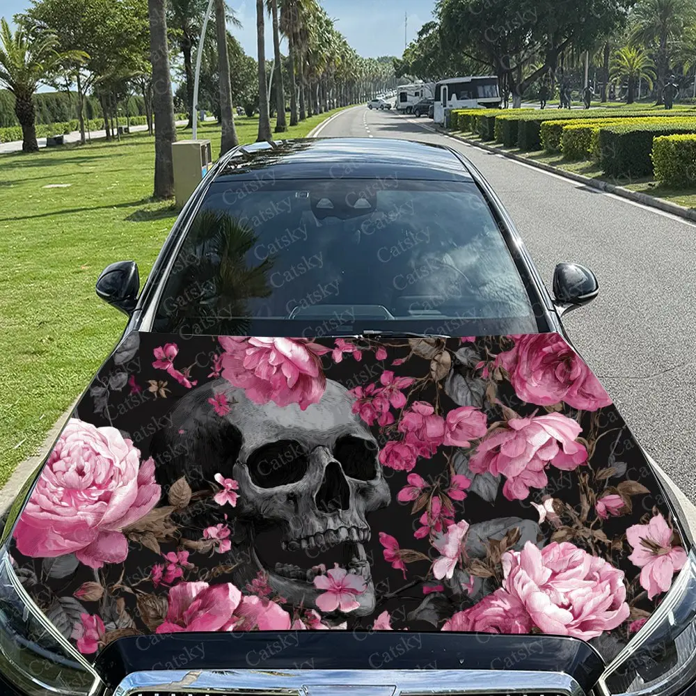 

Car Decal Visually Enchanting Dark Gothic Decal Featuring Skull and Pink Flowers Car Hood Sticker, Waterproof Self - Adhesive PV