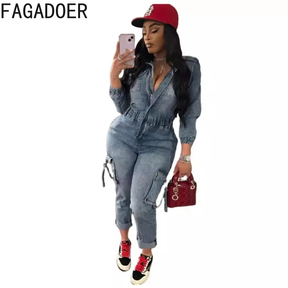 FAGADOER Cargo Pockets Patchwork Denim Jumpsuit Women Y2k Streetwear Stretchy High Quality Jean Overalls Autumn Winter Fashion