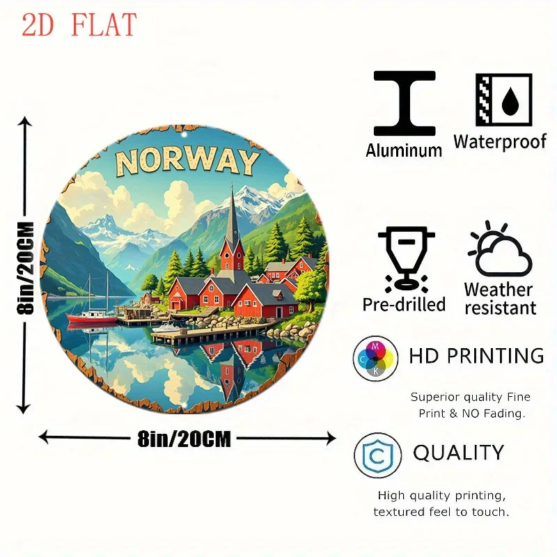 2D Flat Decorative Painting, 1pc Norwegian Village Mural - Rural Farmhouse Style Norwegian Fjord Landscape Reflection Pattern, D