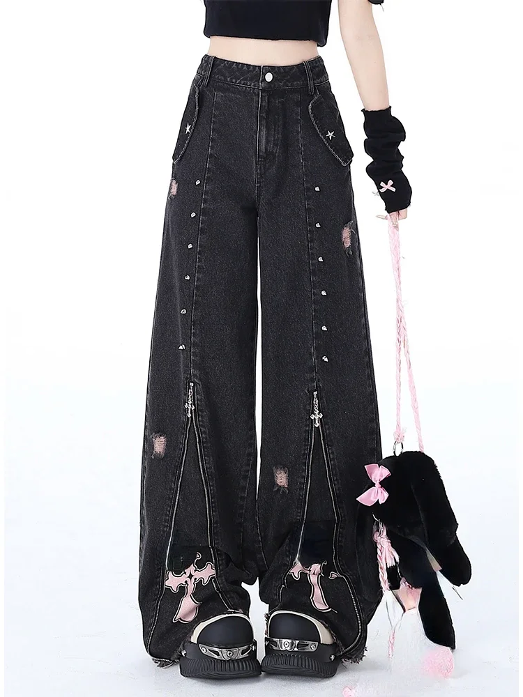 Y2k Black Gothic Baggy Jeans Women High Waist Vintage Harajuku Denim Trousers Aesthetic Y2k Emo Trashy 2000s Pants Pantalones