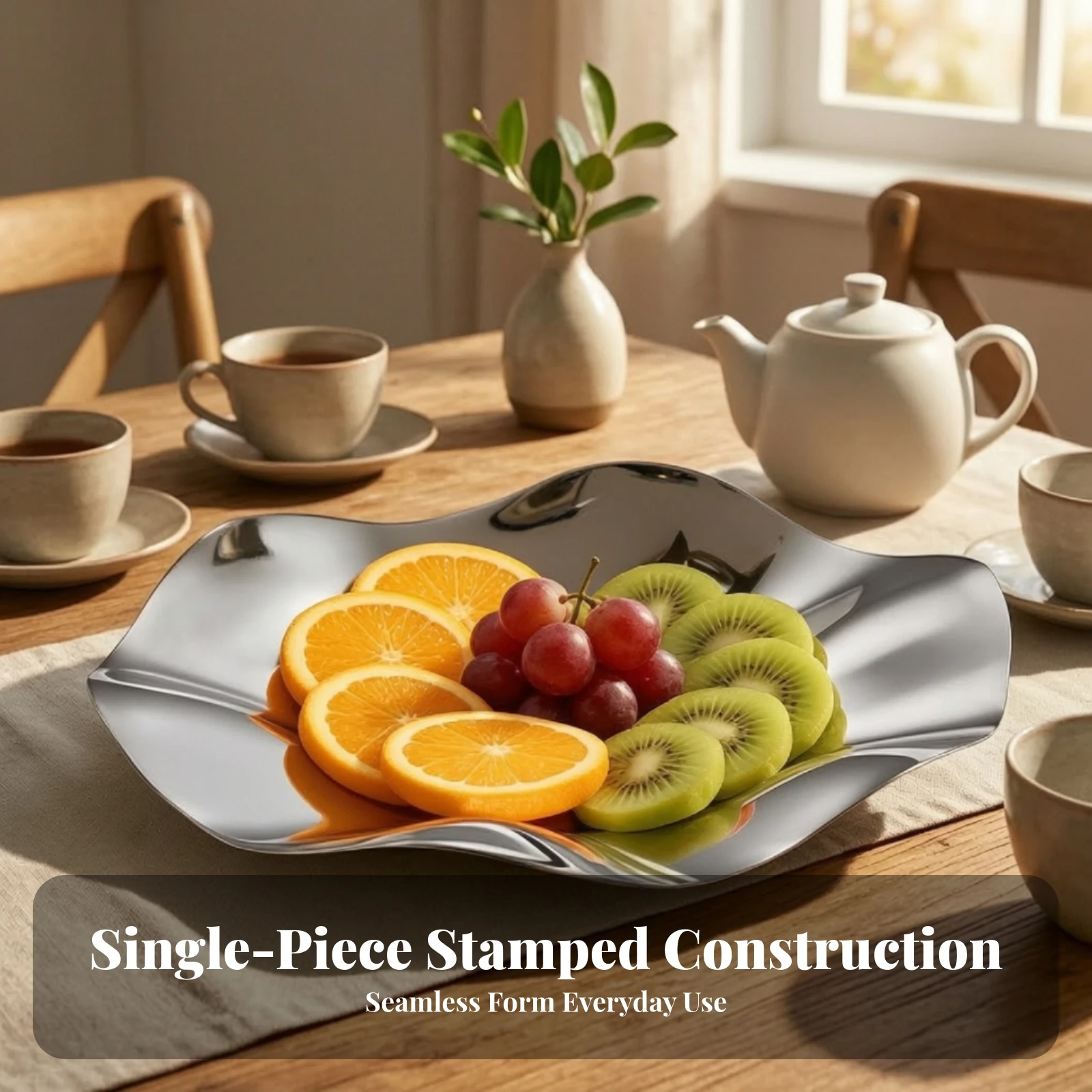 Stainless Steel Serving Dish Modern Serving Dish with Wave Rim Fruit Bowl Sculptural Platter Silver for Hosts, Dining Table