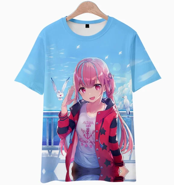 Anime Hololive Vtuber Minato Aqua Short Sleeve T-shirt Summer Cosplay Costume Casual Student Loose Tops