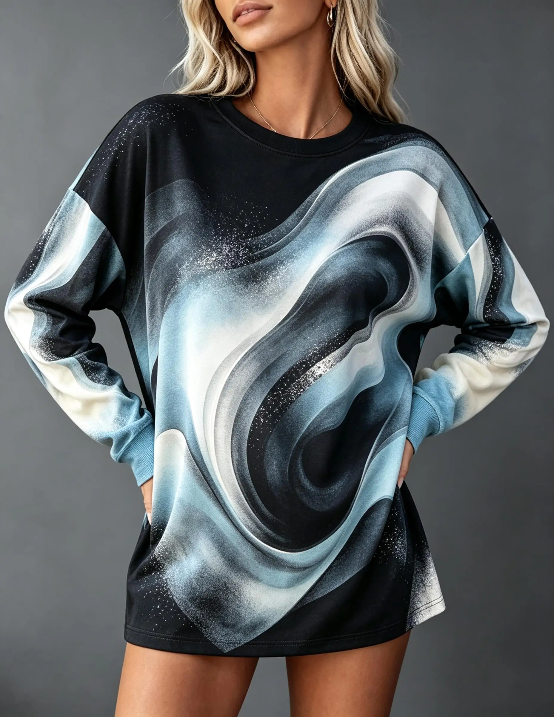 Women Crew Neck Long Sleeve Tunic Dress Faux Brown Marble Swirl Flat Print Oversized Loose Mini