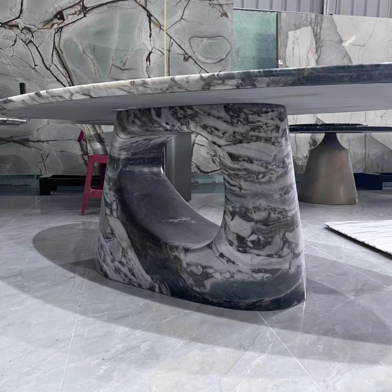 A Villa model room natural marble luxury stone elephant white dining table solid marble dining table high-end oval
