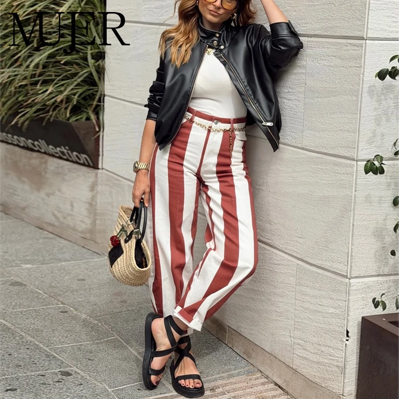 Jeans de Mezclilla a Rayas para Mujer, Cintura Alta, Estilo Mom Jeans, Pantalones Holgados de Verano, Jeans Casuales de Moda Urbana para Mujer