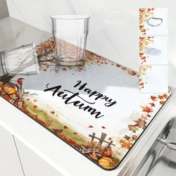 1pc Drying Mat Autumn Bird Branches and Leaves Non-Slip Absorbent Mat Tableware Kitchen Counter Drain Mats Placemats for Table