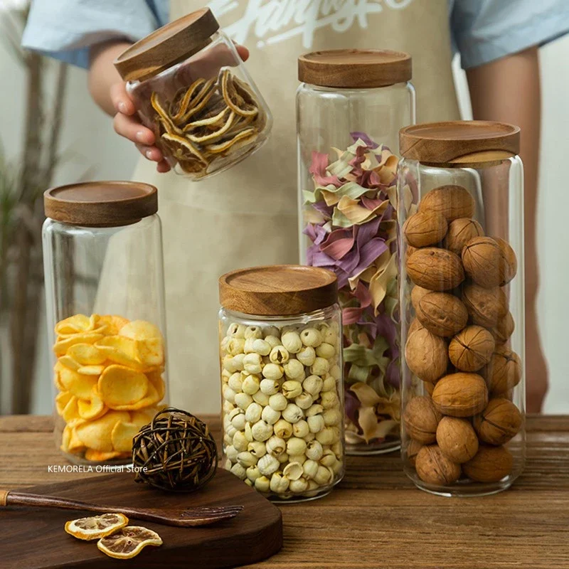 Kitchen Glass Storage Jar Glass Container Wooden Lid Sealed Candy Food Jar Container Bottle Coffee Bean Pasta Grain Oatmeal Jar