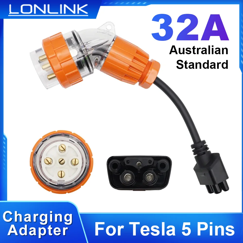 Lonlink 5-pinowy adapter Ładowarka Ev Złącze przedłużacza Tesla z wtyczką 32A 5P+N+E Australijska wodoodporna wtyczka kolankowa zasilania