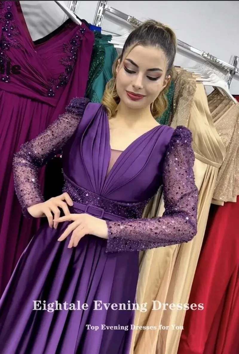 Eightale Arabic Evening Dress V-Neck Sequined Long Sleeves Customized Prom Wedding Party Gowns A-Line Satin Robe De Soirée