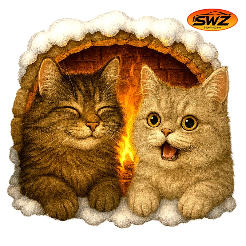 

Cozy Christmas Twin Cat Peek Sticker – Warm Fireplace Style Vinyl Decal for Cars, Bedrooms & Gifts