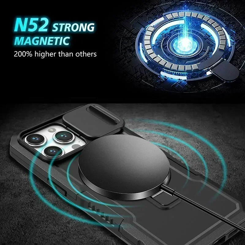 Suporte de armadura tampa deslizante completa capa de telefone para iphone 15 14 13 12 11 pro max plus magsafe carga sem fio capa magnética