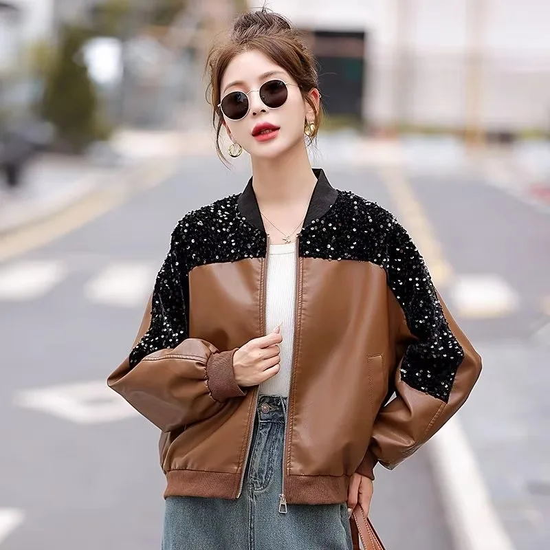 Stock New Splicing Fashion Velvet Sequin Biker Jacket Baseball Jacket Leather Jacket Short Coat Everything Casual Fashion Simple