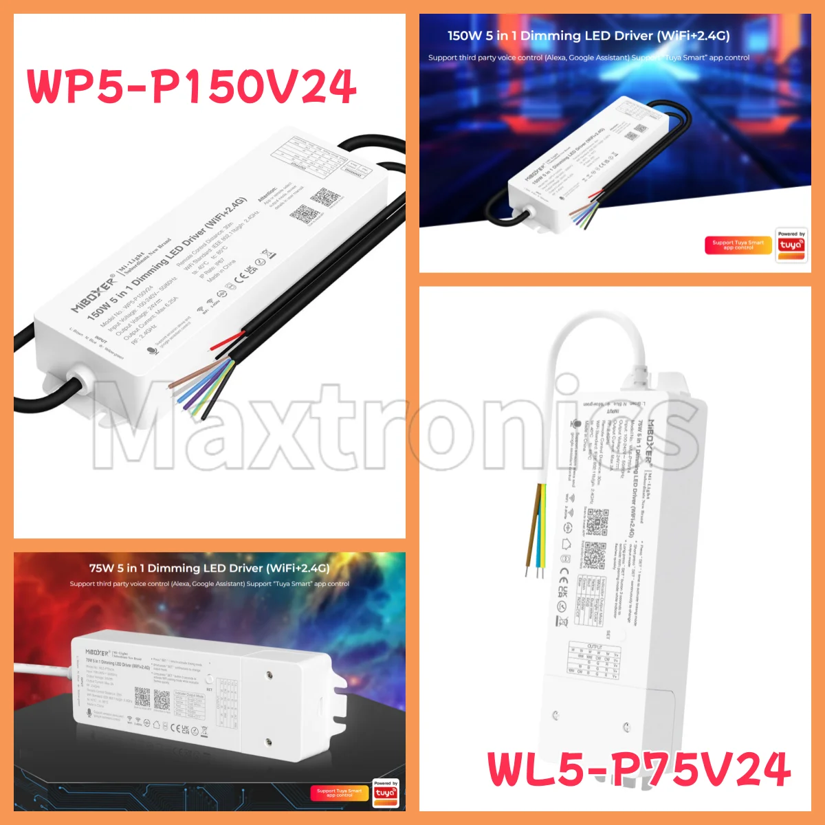 

75/150W IP67 Waterproof Dimming Miboxer 5 in 1 Led Drive DIM Dual White RGB RGBW RGB+CCT WiFi +2.4G Wireless Power Single Color
