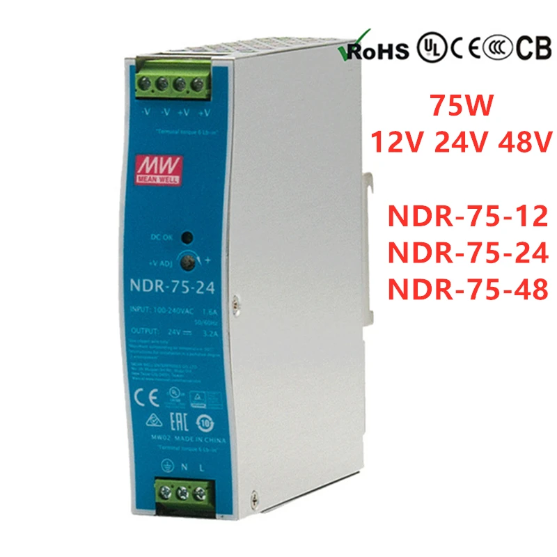 

MEAN WELL Industrial Din Rail Mounted 75W Slim Single Output Switching Power Supply 12V 24V 48V NDR-75-12 NDR-75-24 NDR-75-48