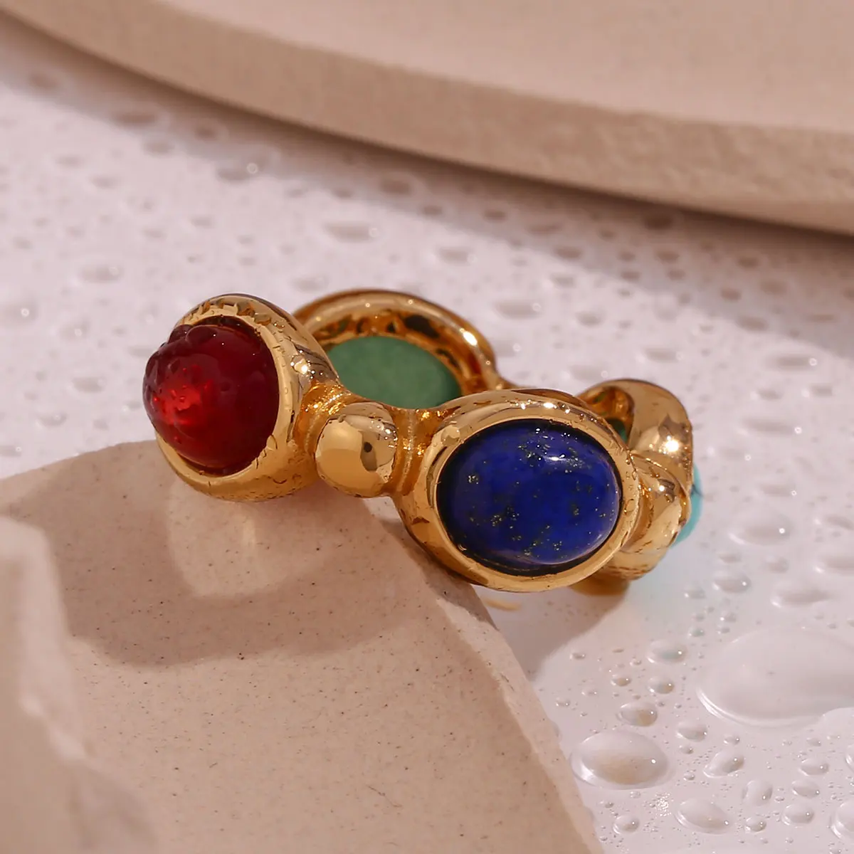 4 Colors Natural Stone Lapis Turquoise Carnelian Colorful Y2K Rings For Ladies Delicate Holiday Gold Plated Stainless Steel Ring