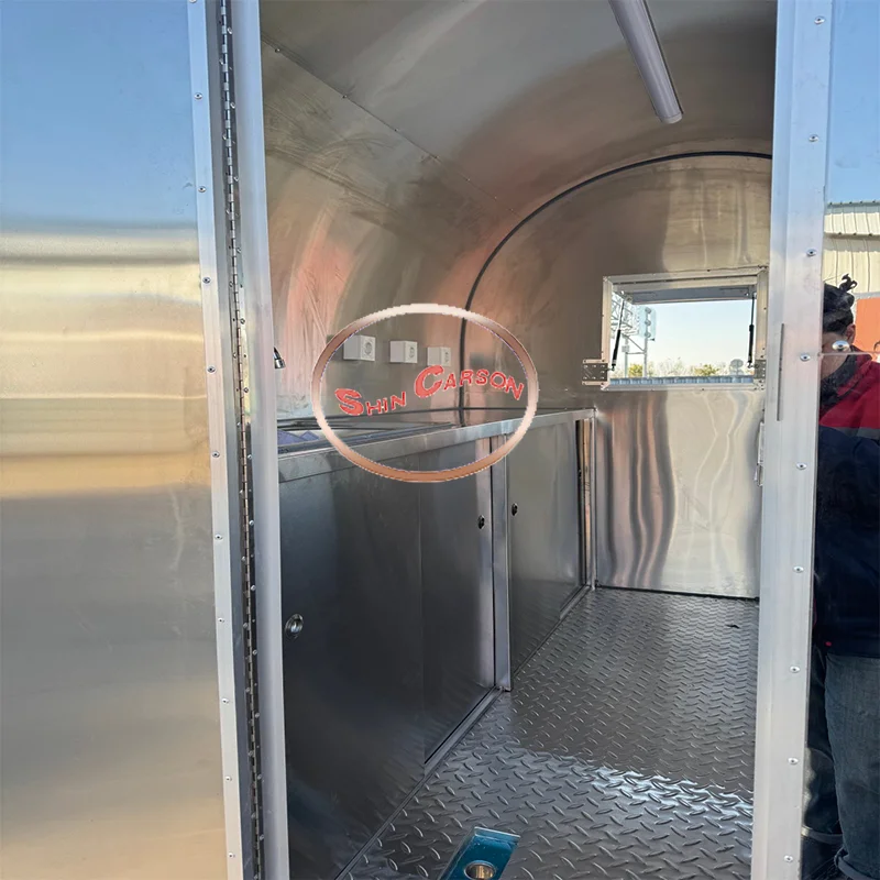 عربة طعام محمولة من الفولاذ المقاوم للصدأ، مقطورة تقديم الطعام المتنقلة مع محطة عمل للمطبخ الخارجي #4