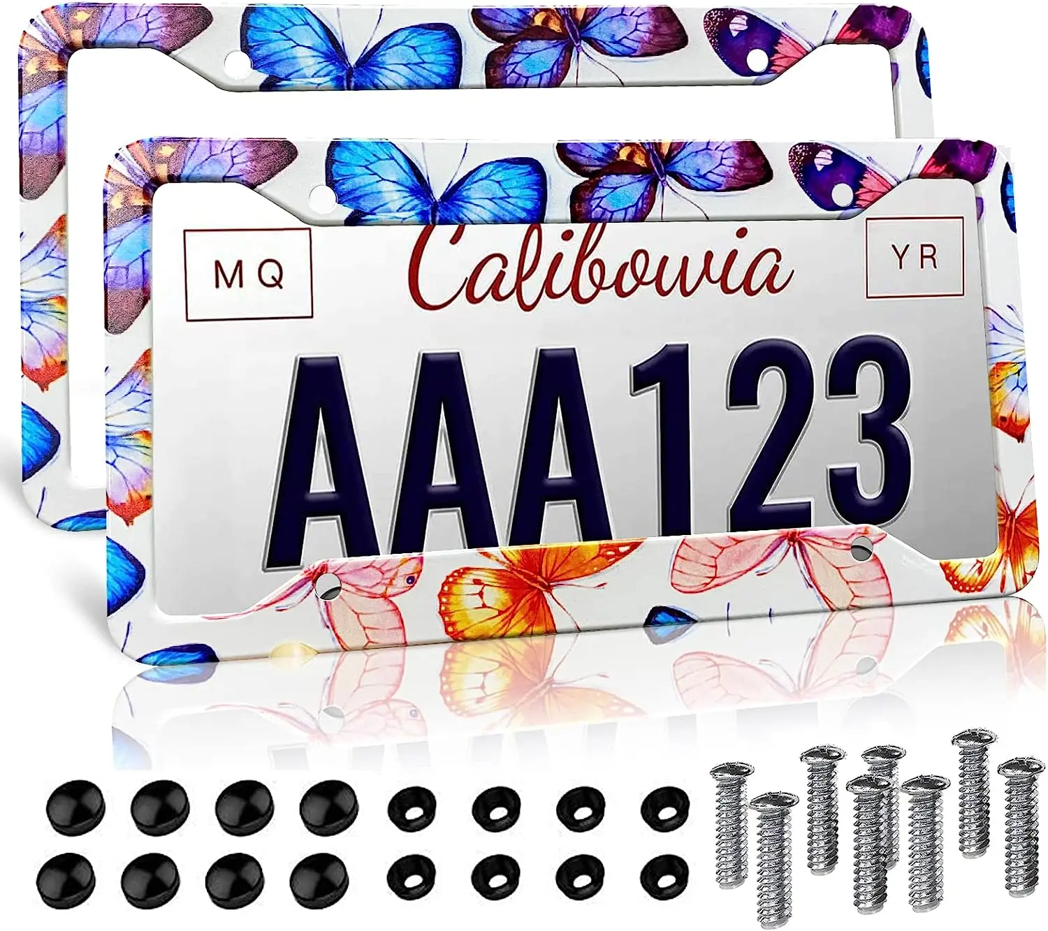 Colorful Butterflys License Plate Frames for Women License Plates Covers Aluminum 2PC License Plate Holder Auto Car Tag