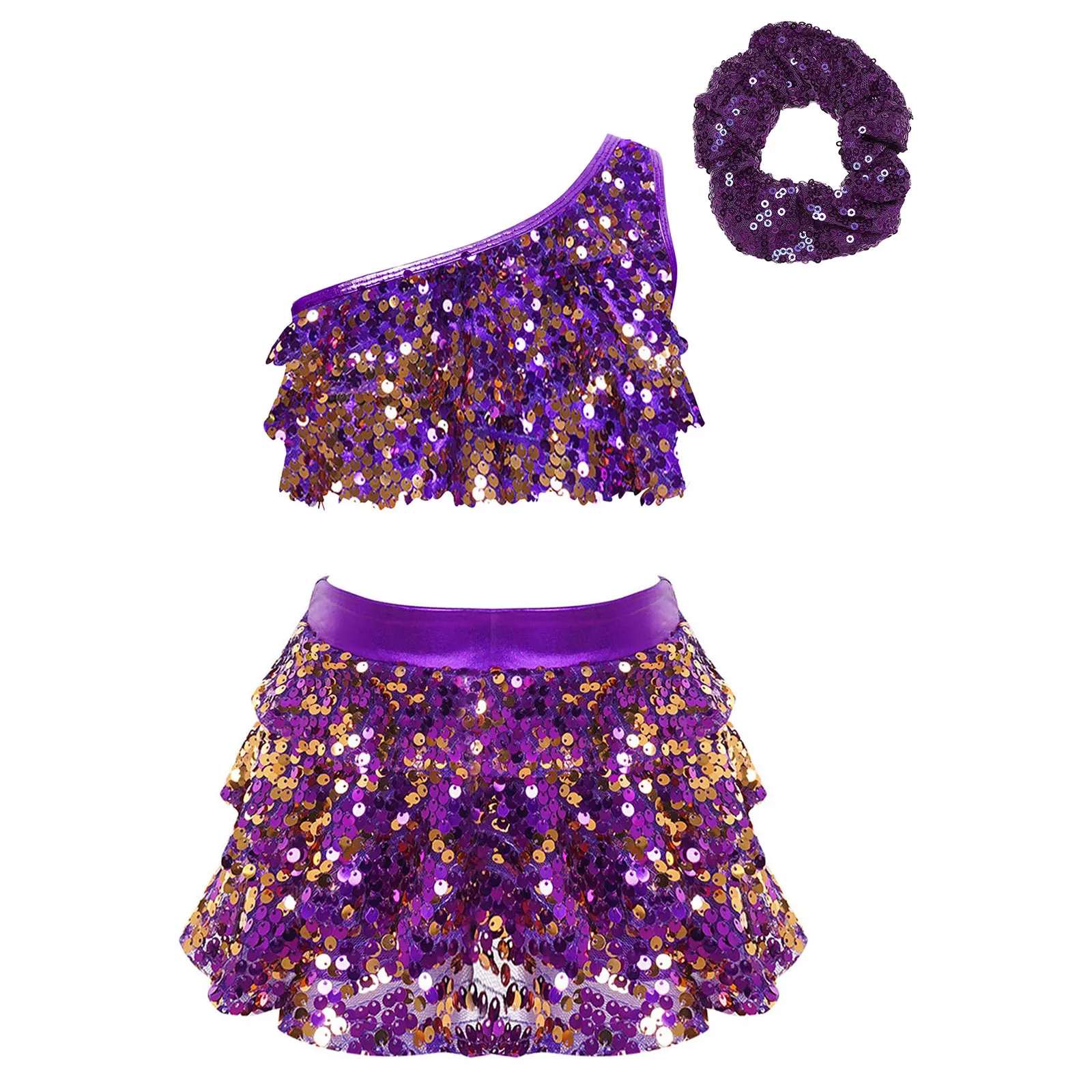 Kids Girls Jazz Dance Costume One Shoulder Shiny Sequins Crop Top Shorts Two Pieces Stage Performance Dancewear Party Outfit