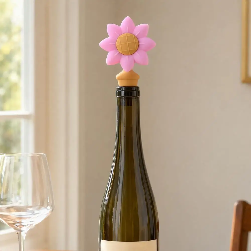 Sunflower Wine Bottle Stopper, Silicone Reusable Seal for Red Wine Beer Champagne, Leak Proof Decorative Cork for Bar Kitchen