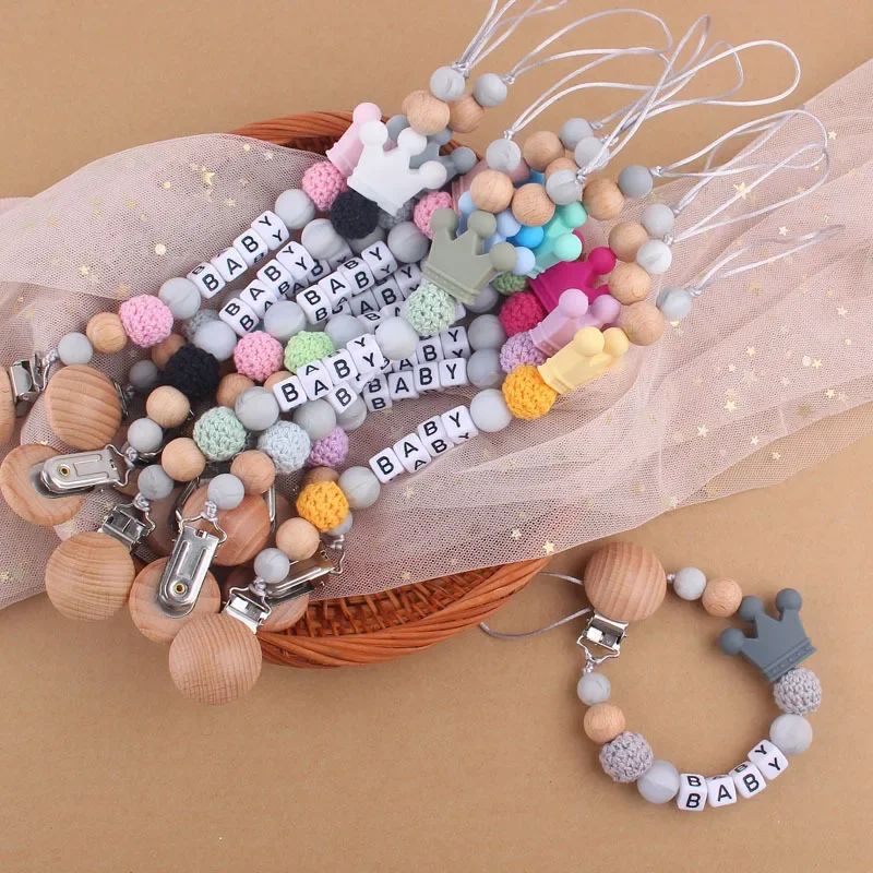 

Детские персонализированные именные короны, зажимы для соски «сделай сам», деревянные силиконовые прорезыватели без BPA, держатель для сосков, зажим-цепочка, игрушки для прорезывания зубов