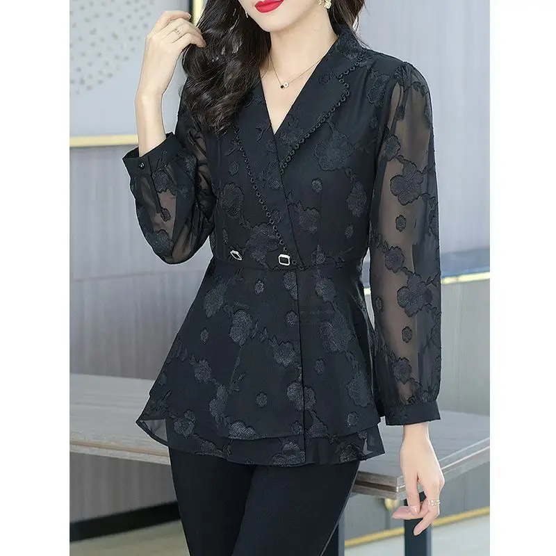 2023 Lente Zomer Nieuwe Oversized Temperament Dameskleding Bedrukt Lange Mouw Pak Kraag Forensenpullover Chiffon Shirt