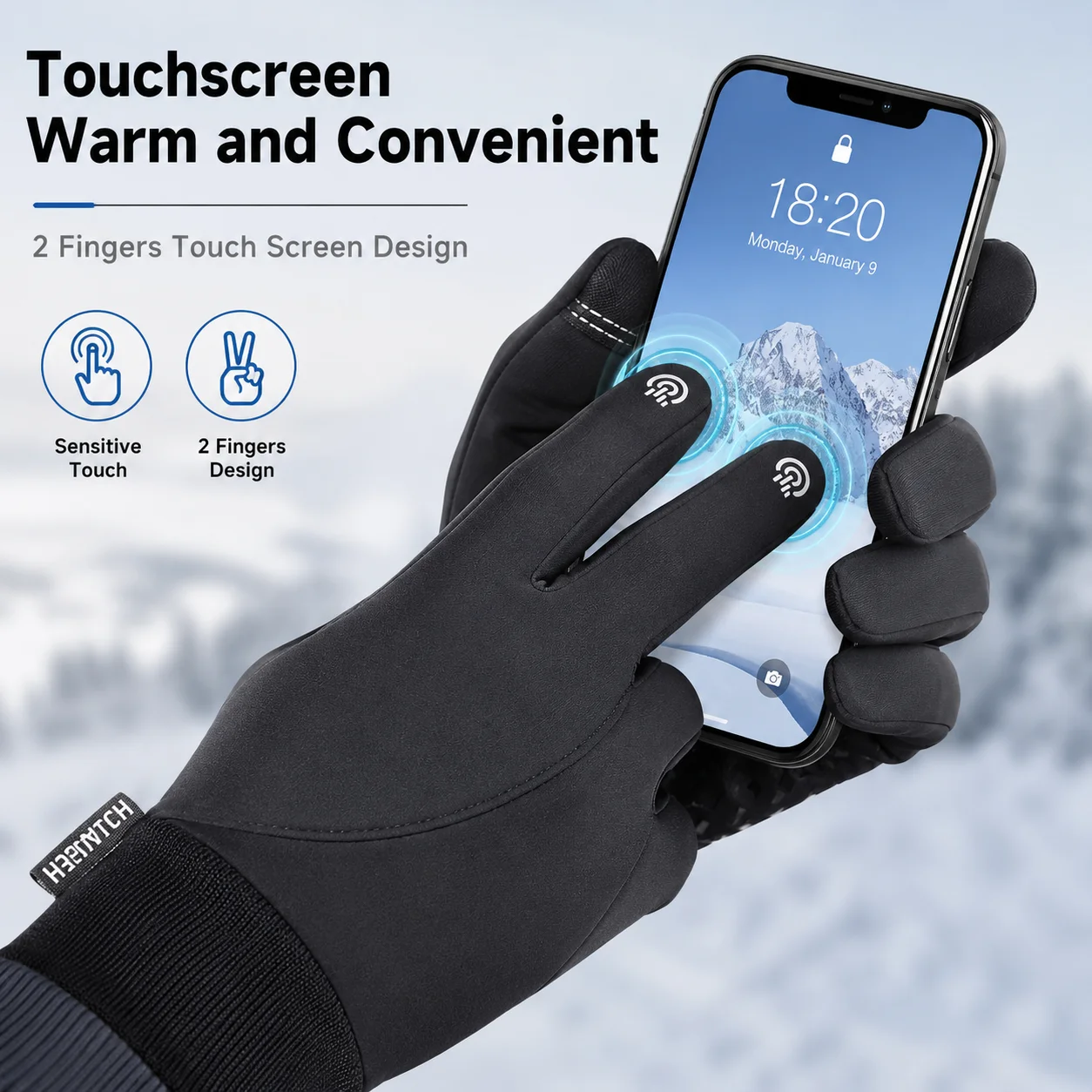 Schwarze Winterhandschuhe mit Touchscreen-Funktion, Warm, Rutschfest, Wasserdicht, Winddicht, Outdoor-Sporthandschuhe für Radfahren, Laufen, Wandern – Detail 6