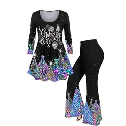 Plus Size Christmas Graphic T-shirt And Flare Pant Women Outfit 3D Print Tree Santa Claus Snowflake Sequins Glitter Matching Set