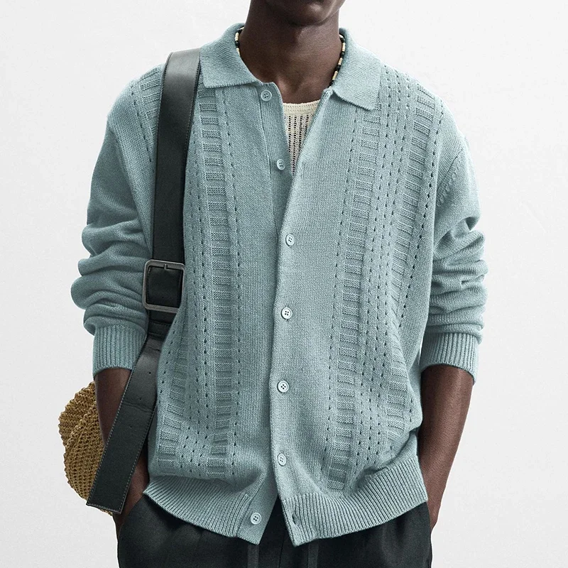 

Stylish Mens Solid Color Sweatercoats Vintage Turn-down Collar Button-up Cardigan Tops Men Outdoor Casual Hollow Out Knit Coats