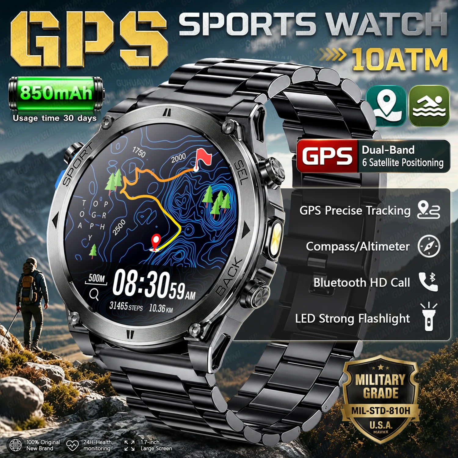 New Outdoor GPS Smart Watch Men 10ATM Waterproof 170+Sports LED Flashlight Compass Altimeter Call Heart Rate Military Smartwatch