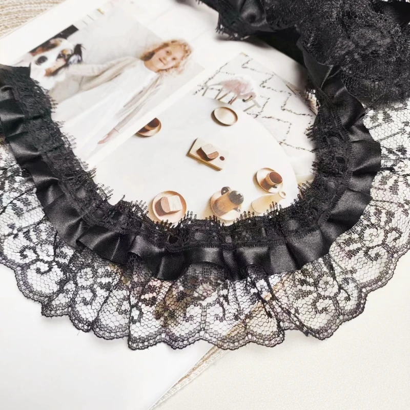 Black double jacquard pleated tulle lace DIY handmade crafts doll dress skirt picture frame flower basket border decoration