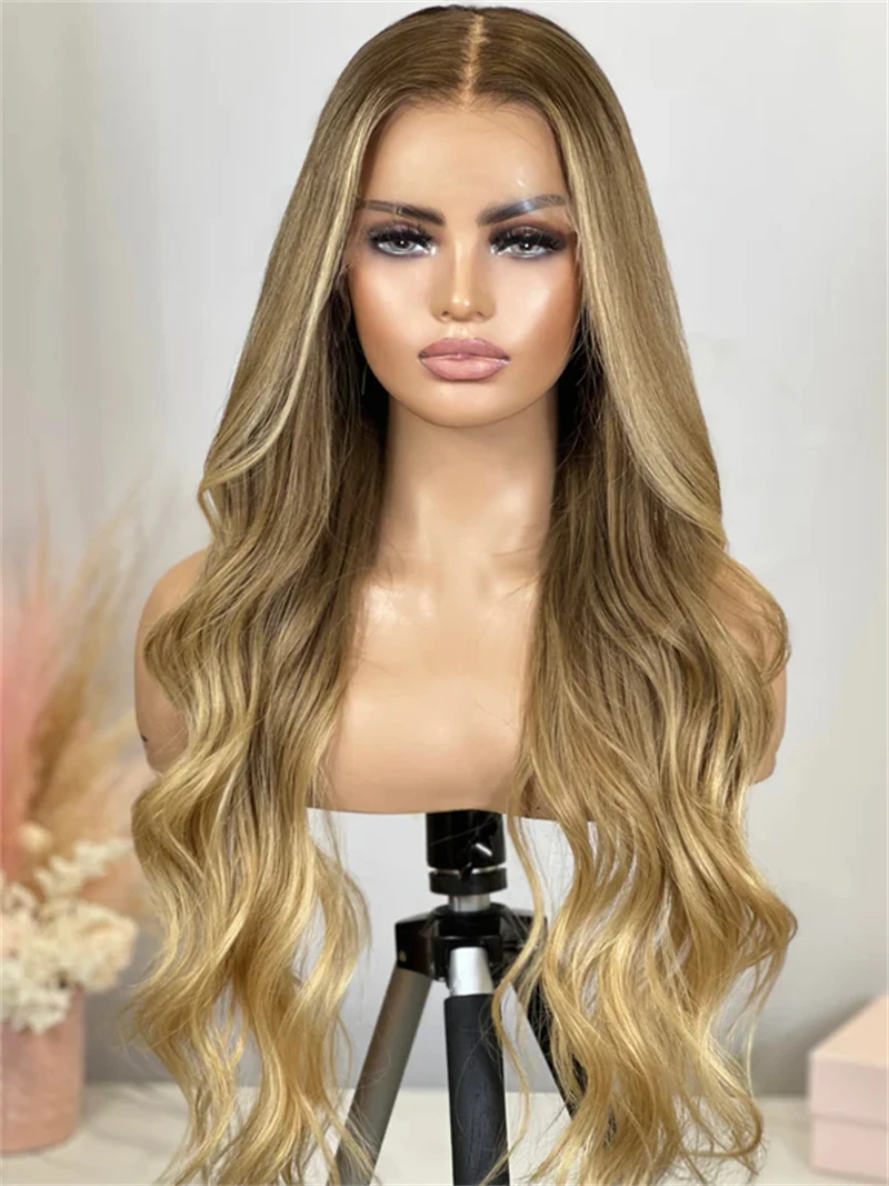 الاصطناعية الدانتيل أمامي الرماد البني مع أشقر فاتح يسلط الضوء على Balayage نظرة 24 بوصة موجات المال قطعة شعر مستعار طبيعي تأثيري