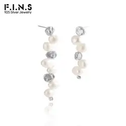 F.I.N.S Asymmetric S925 Sterling Silver Freshwater Natural Pearl Drop Earrings Texture Uneven Irregular Pieced Ear Studs Jewels
