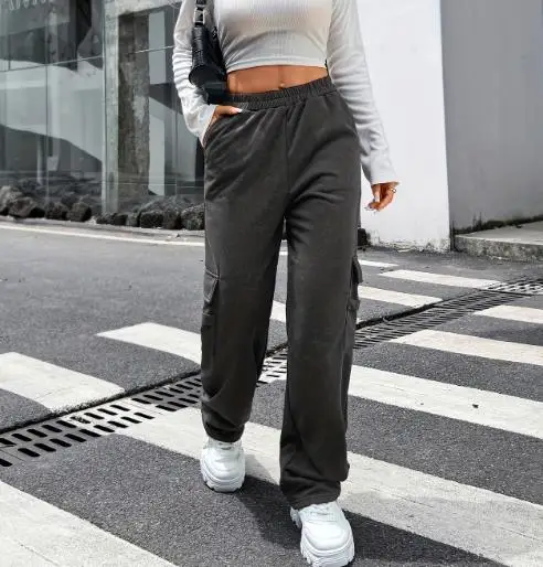 

Versatile Casual Loose Pocket Workwear Sports Sweatpants for Women, Solid Color Casual Simple High Waisted Workwear Pants