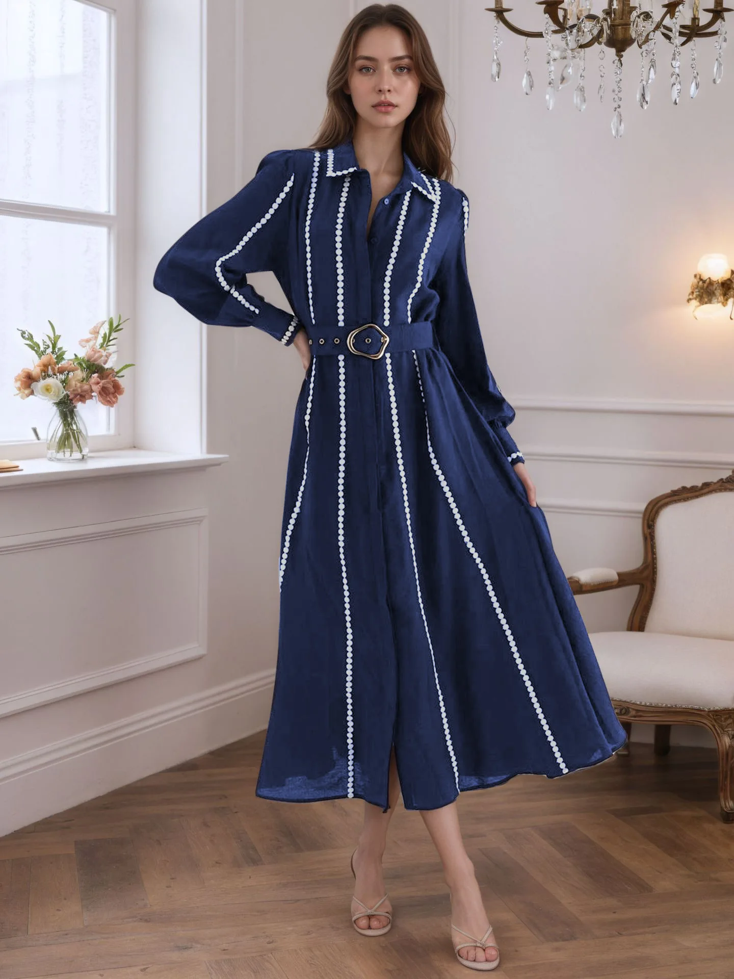 2025 Autumn New Collection Waist Skirt Shirt Collar Long Sleeve Shirt Metal Buckle Strap Dress