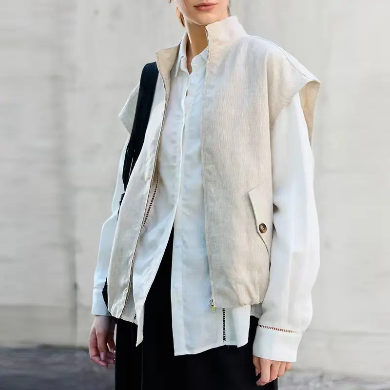 100% Linen Women's Vest Jacket Casual Loose Sleeveless Cardigan Chic Ladies Zipper Coats