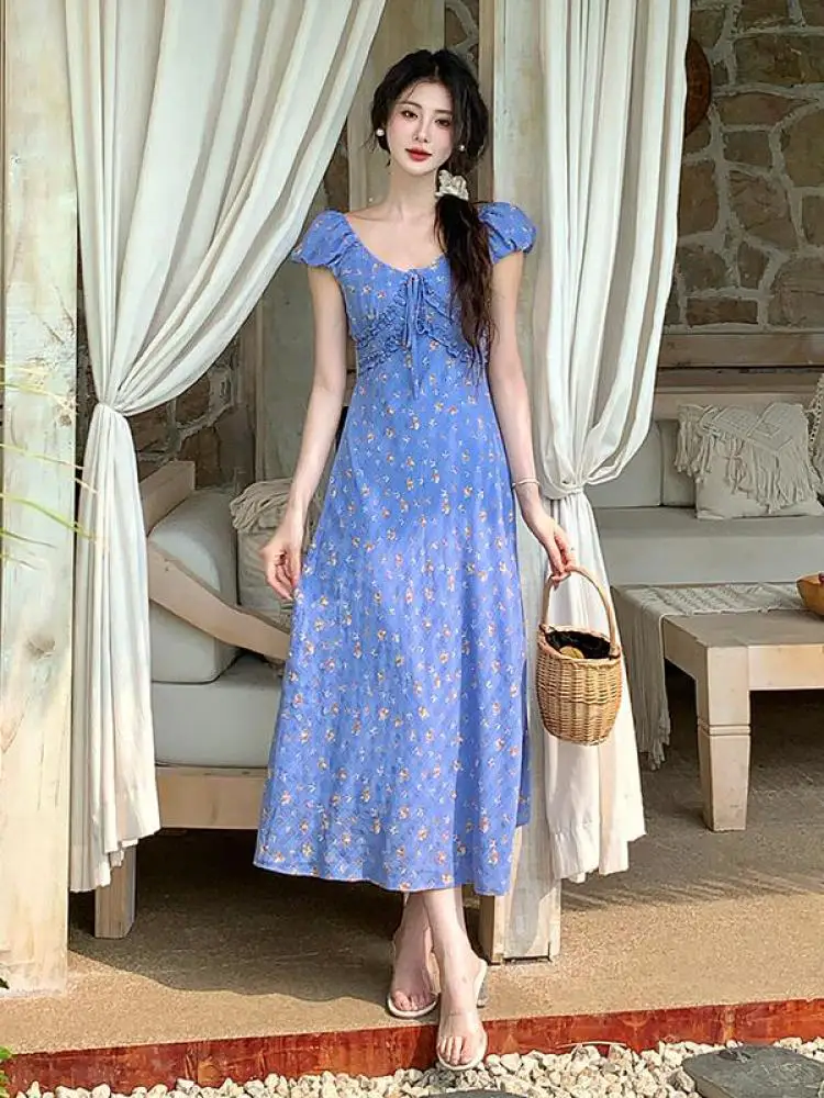 

French Women's 2025 Blue Red Floral V Neck Short Sleeved Ruffles Lace-up Dresses Summer Elegant Slim Long Dress Bohemian Popular