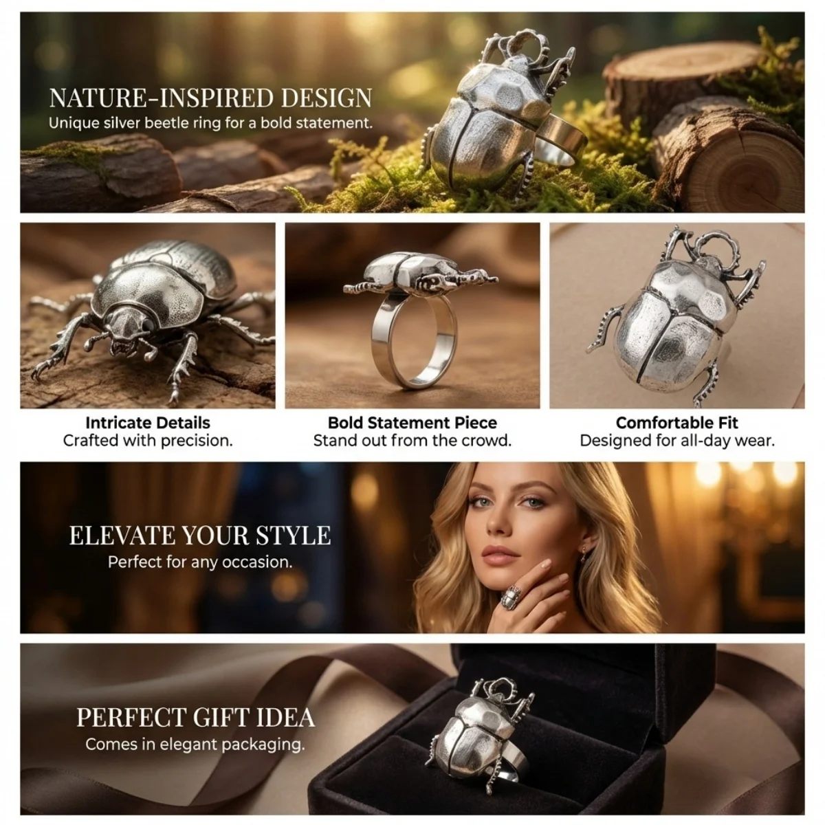 Creative Insect Cicada Beetle Opening Rings For Women Men Vintage Punk Metal Animal Finger Ring Party Daily Wear Fashion Jewelry view 4