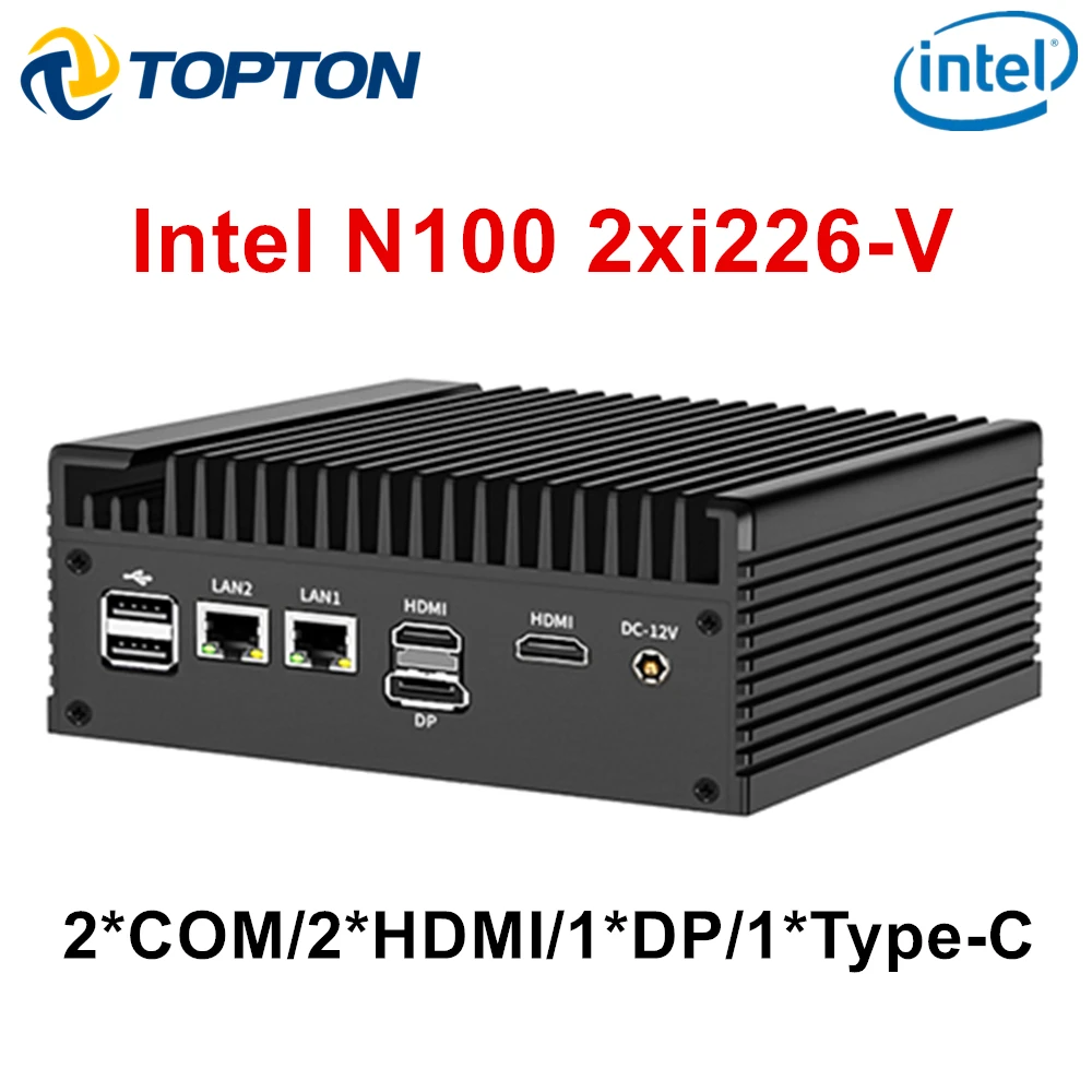 Topton 2xi226-V 2.5G Intel N100 Fanless Mini PC 2*COM NVMe 2*HD 1*DP Efficient Cooling Solid Firewall Router Industrial Computer