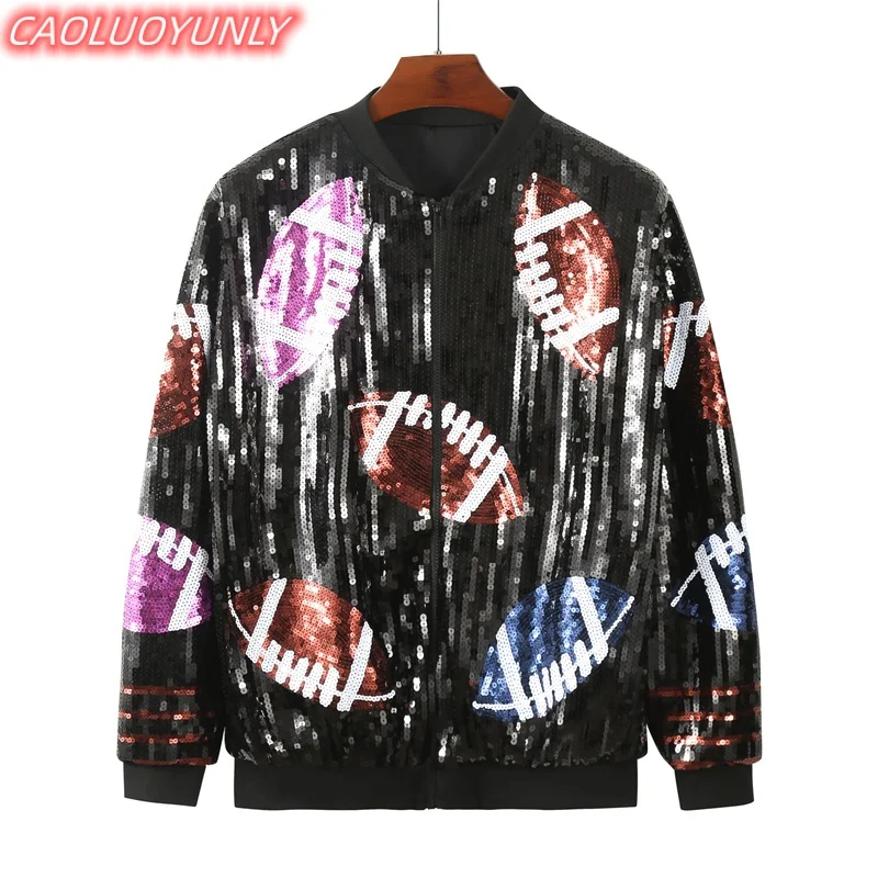 Autumn High Waist Patchwork Color Striped Streetwear Long Sleeve Sequins Jacket Hip Hop Round Neck Geometric Women's Coats