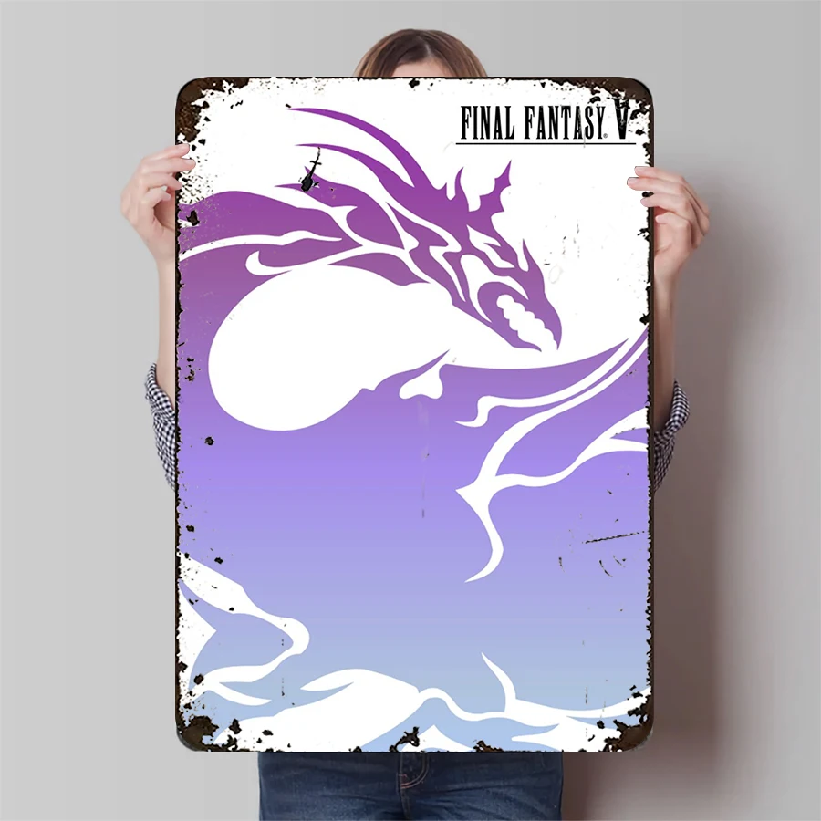 Final Fantasy V Dragon Metal Wall Art Purple Gradient Decorative Iron Painting for Game Room Home Decoration Collectible Gift