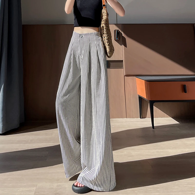 Retro Trend Striped Wide-leg Pants Women 2025 Summer Thin Lazy Style Straight Suit Yamamoto Pants