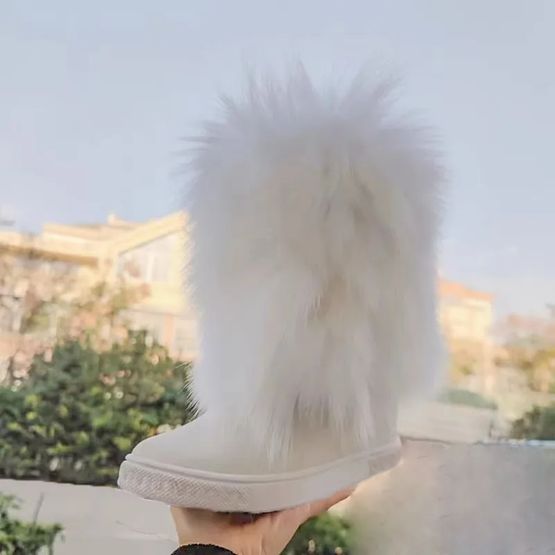 Fashion Black White Real Fox Fur Snow Boots 8cm Inner Wedge Increased Sole Mid Boots Winter Full Fur Boots Woman Booties